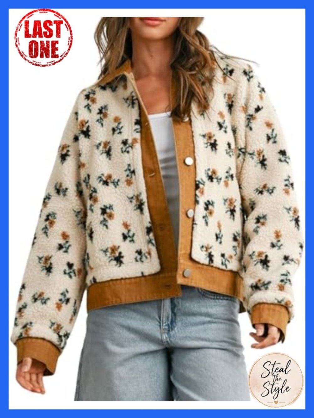 Sherpa Fleece Jacket Denim Collar Button Front Pockets Oversized